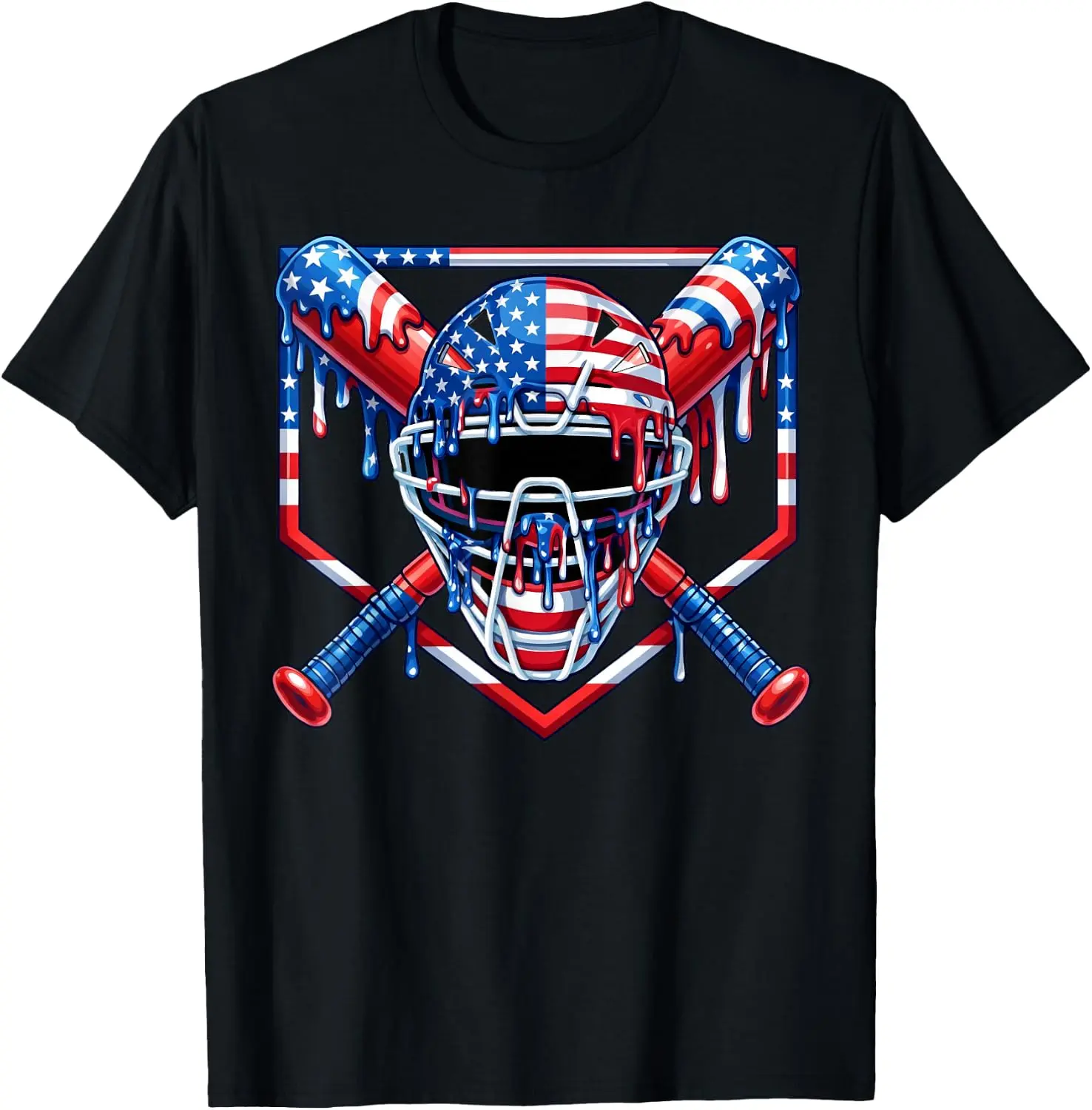 Men's Cotton Crewneck Graphic T-Shirt - Basic, All Seasons, Drip Effect, Baseball Catcher & American Flag Ice Cream 4th of July Print, Unisex Youth Sizes Available, Graphic T Shirts