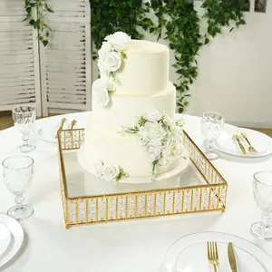 18" Square Gold Cake Stand with Hanging Crystal Beads and Glass Top – Metal Dessert Display Tray
