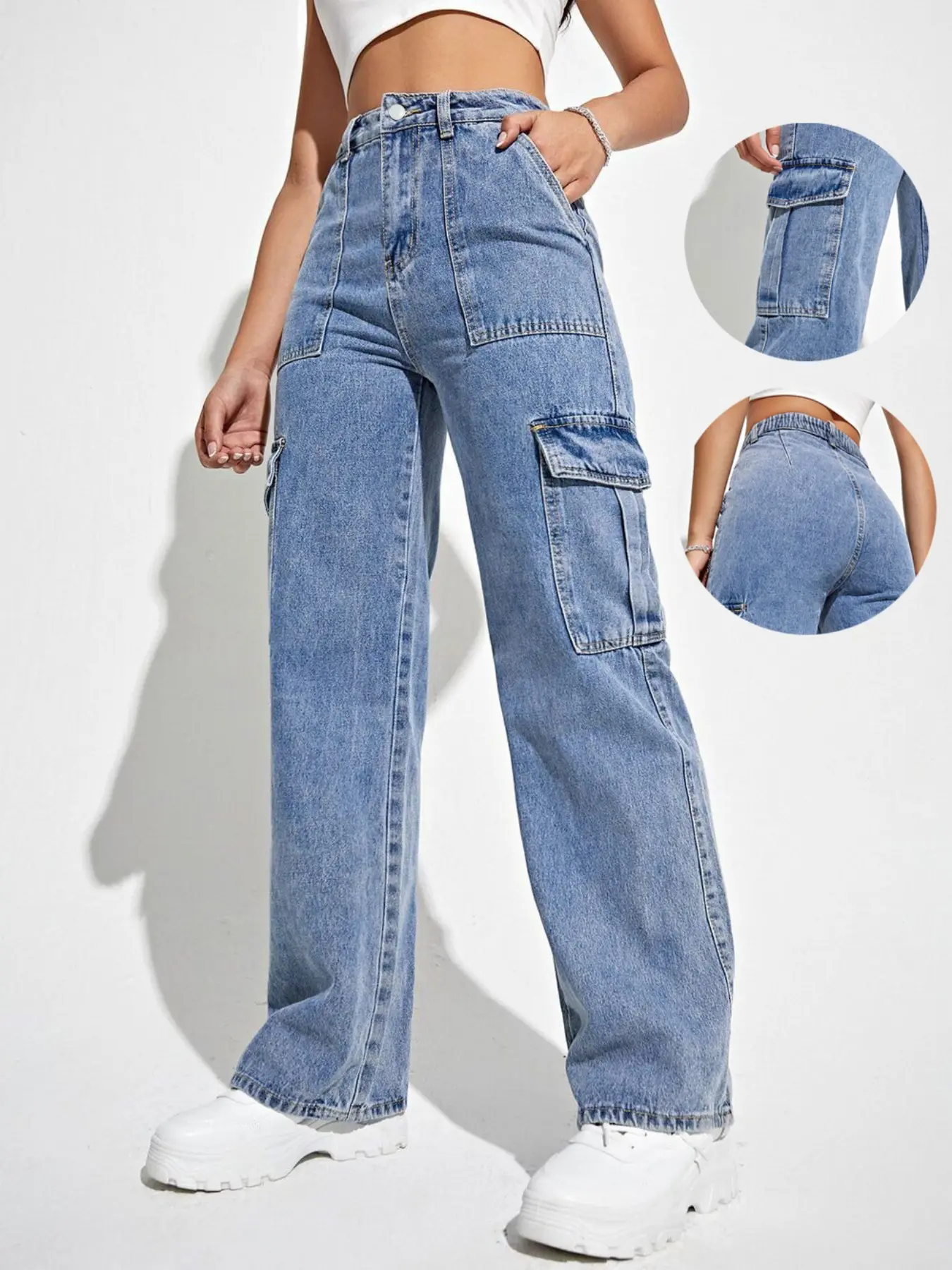 Women's High-Waisted Baggy Wide-Leg Denim Jeans, Multiple Pockets, Stretchy Comfort Fit, Casual Versatile Style Everyday Wear, Bottom, Pants