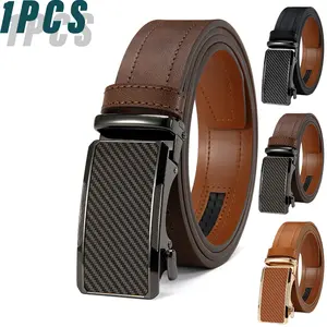 Men’s leather automatic-lock belt featuring a carbon fiber textured automatic clasp head, finished with a gold metal coating and contrasting stitching details; this durable, versatile dress belt is perfect for work, everyday outings, and special occasions