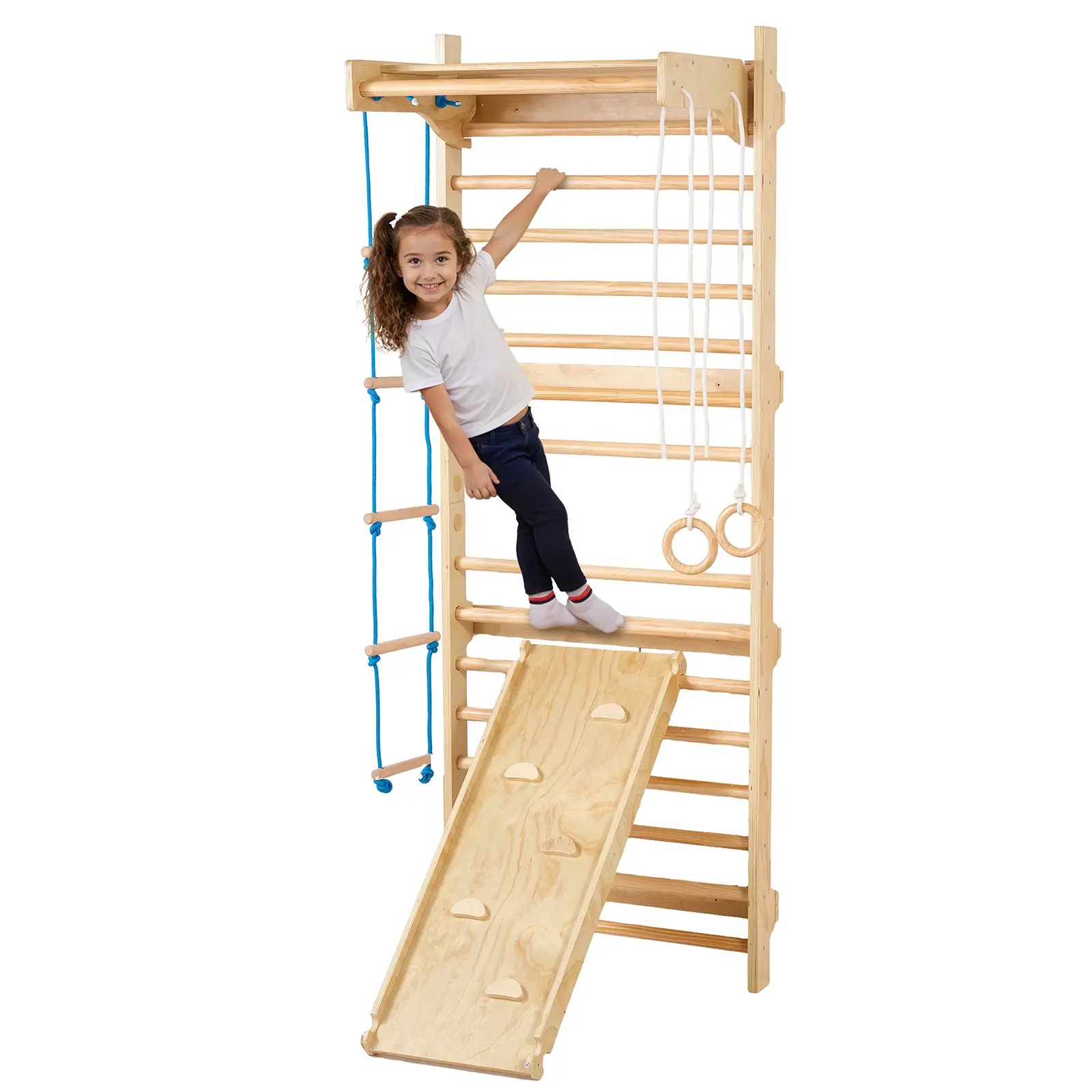 VEVOR Swedish Ladder Wall Gym,  5 in 1 Wooden Indoor Playground Climbing Toys, 220 lbs Load Capacity Swedish Wall Ladder with Pull-Up Bar, Gymnastic Rings, Wall Ladder, Rope Ladder, and Slide Board