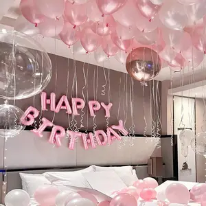 Pink birthday party decoration set, including blue, black, silver Happy Birthday balloons, latex balloons, heart-shaped aluminum foil balloons, suitable for various themed birthday parties, men's and women's birthday party decorations