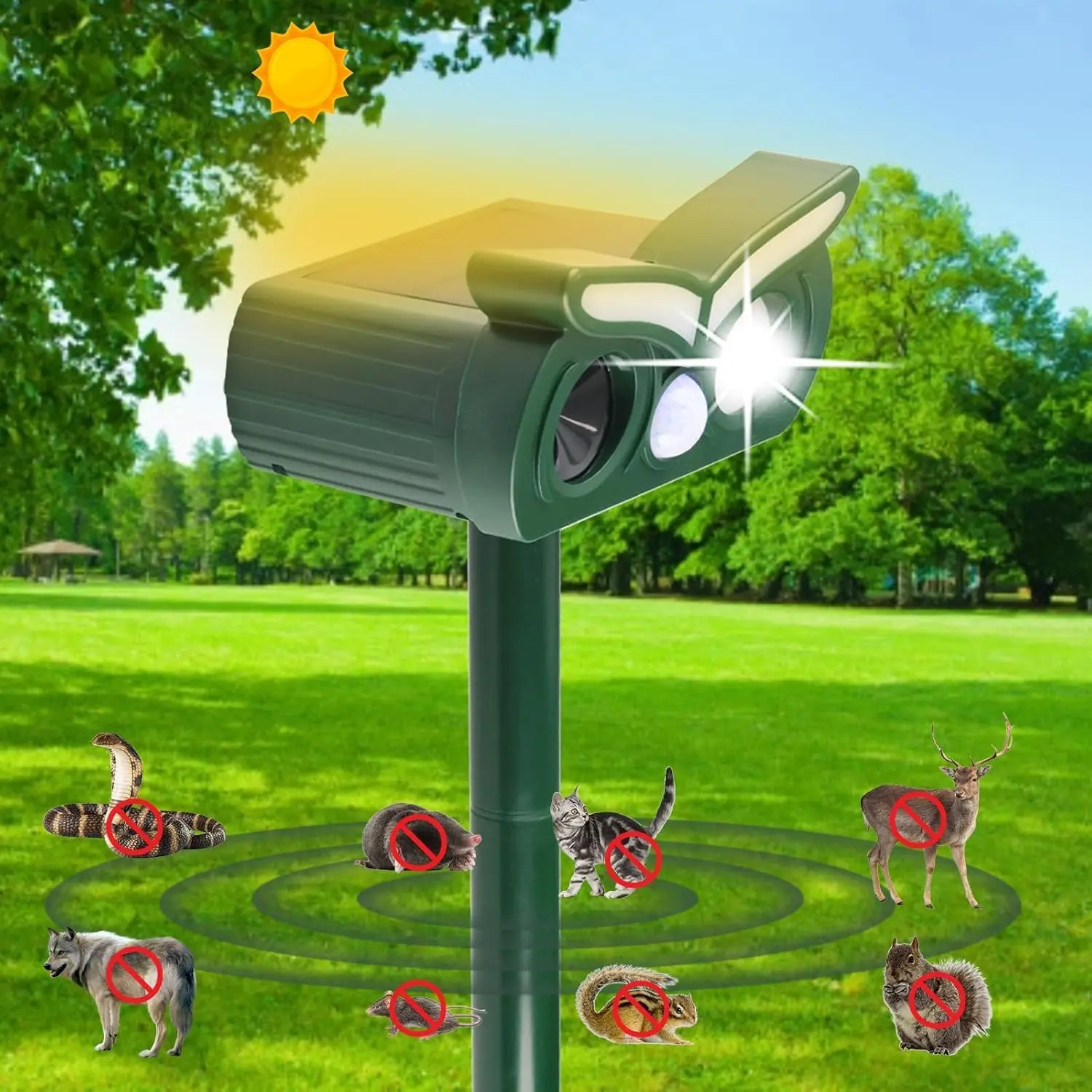4-Pack Solar-Powered Outdoor Cat Repellent - Ultrasonic Animal Deterrent with Motion Detection & Flash Light for Outdoor Pest Control (Repels Deer, Squirrel, Rabbit, Dog, Rodent, Chipmunk, Raccoon, Snake)