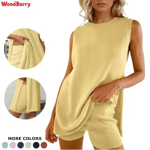 Woodberry Women's 2-Piece Fitted Basic Plain Summer Knit Outfits - Sleeveless Sweater Tunic Top, Matching Casual Shorts - Trendy Beach Vacation Lounge Clothes summerwins