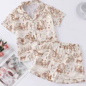 Women’s Vintage Western Ranch Life Cowboys Short Sleeve Satin Pajama Set
