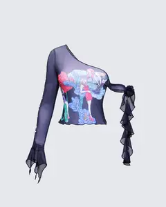 Sylphine Black Printed Mesh Asymmetric Top