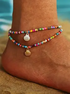 Bohemian Style Beaded Bracelet and Anklet Set, Colorful Gold Shell Beads, Fashion Accessory for Women Daily Wear