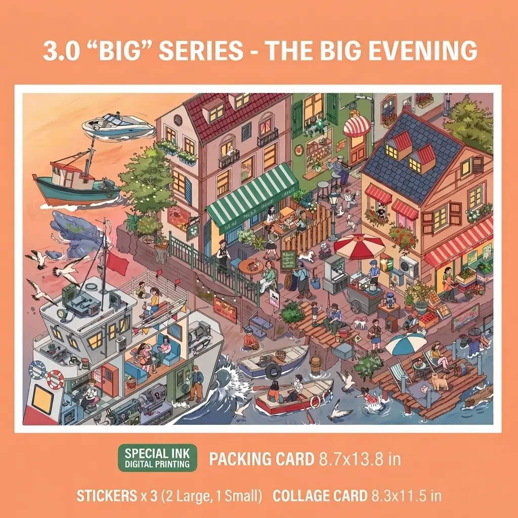 Oversized Warm Sunset Seaside Port Village Paper Sticker Set - Special Die-Cut Boat, Shop & Pedestrian Stickers, DIY 3D Layered Small Town Micro Scenery Crafts Kit