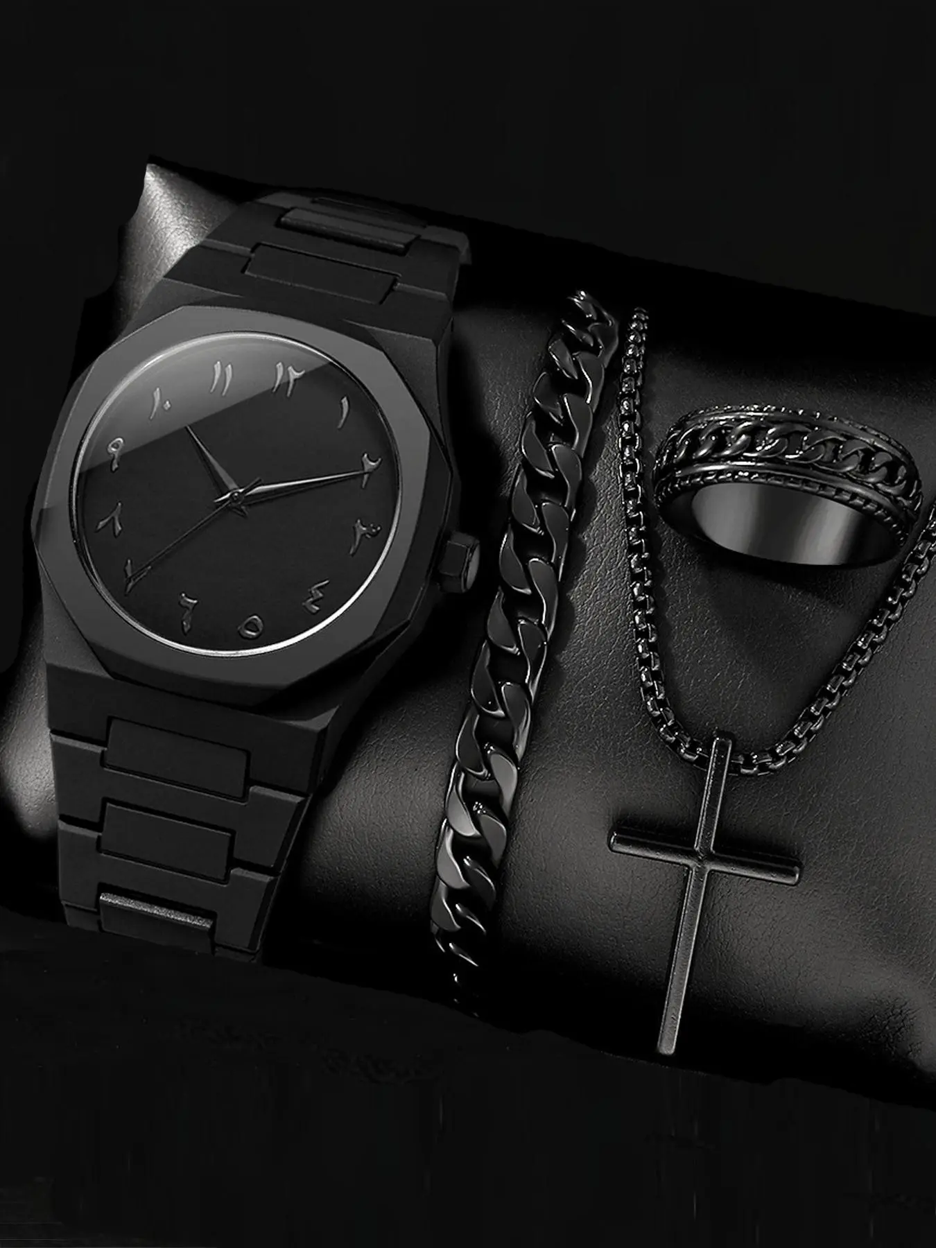 4-piece set of elegant watches and jewelry for men and women - black quartz watch with matching necklace, bracelet, and ring - minimalist style analog timepiece, fashionable watch Trendy Watch Set