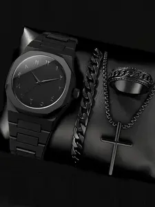 4-piece set of elegant watches and jewelry for men and women - black quartz watch with matching necklace, bracelet, and ring - minimalist style analog timepiece, fashionable watch