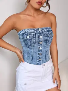 Women's Light Wash Denim Halter Top Waist Cincher Fitted Shirt, Button Design & Pocket Detail, Vintage American Style, Casual Fashion