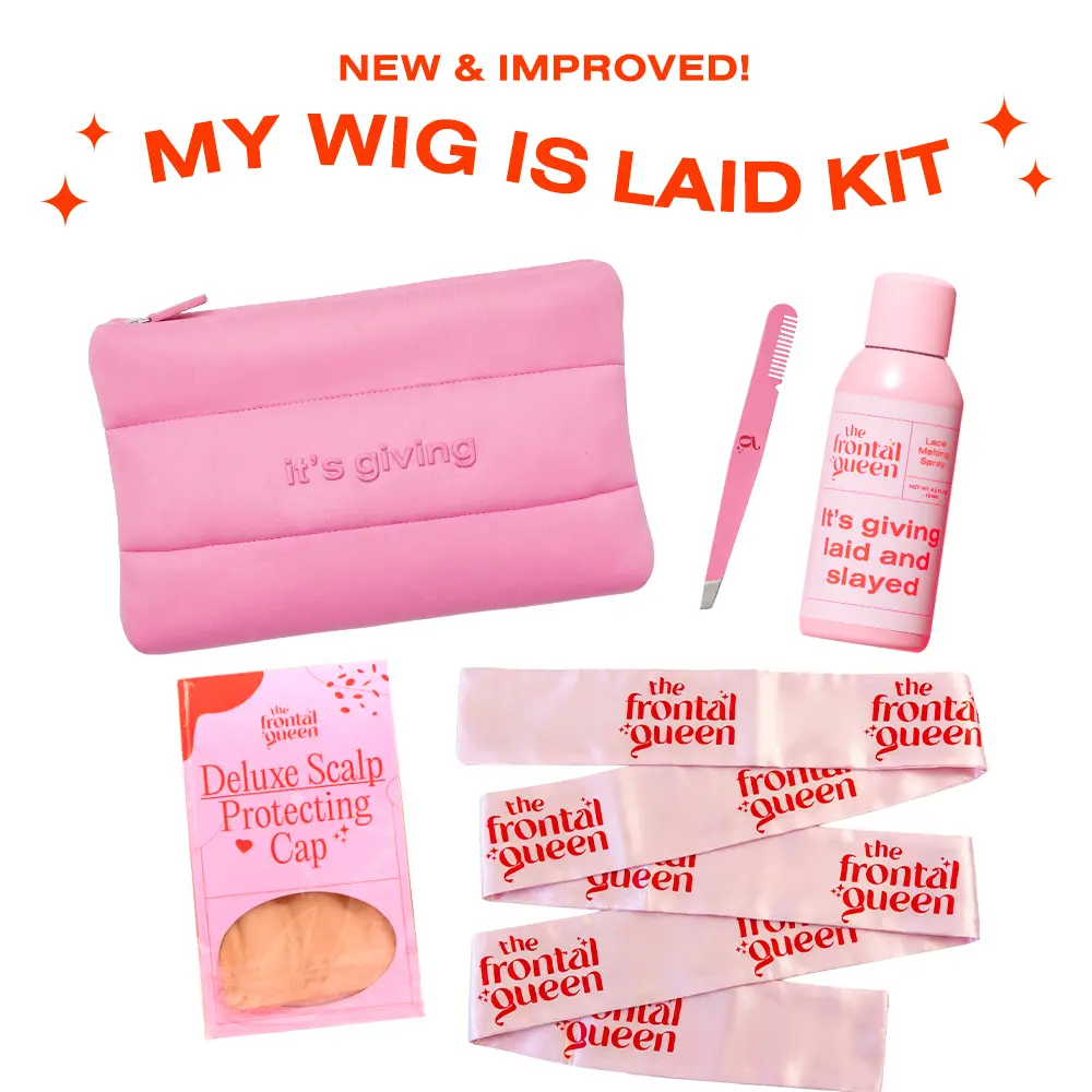 The Frontal Queen New & Improved My Wig Is Laid Beginner Install Kit - Includes Lace Melting Spray, The Melt Belt, HD Stocking Wig Cap & Multipurpose Tweezer for Easy Hair Wig Application, Bigger Kit Bag