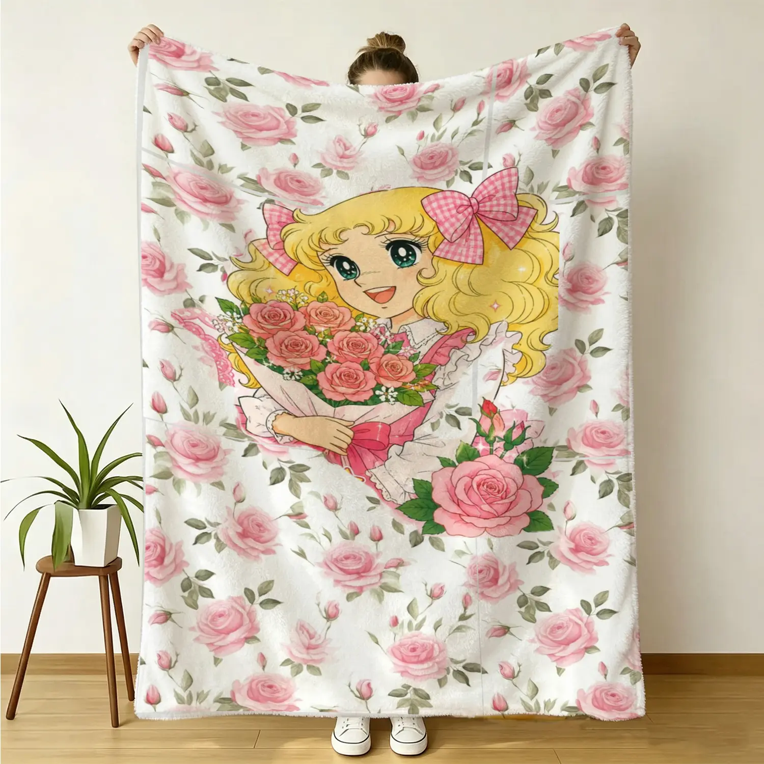 Adorable vintage Candy Candy anime flannel blanket covered with romantic pink rose prints, ultra soft warm plush fabric, lovely sweet style decor for girl bedroom, delicate holiday birthday gift for retro shoujo anime lovers