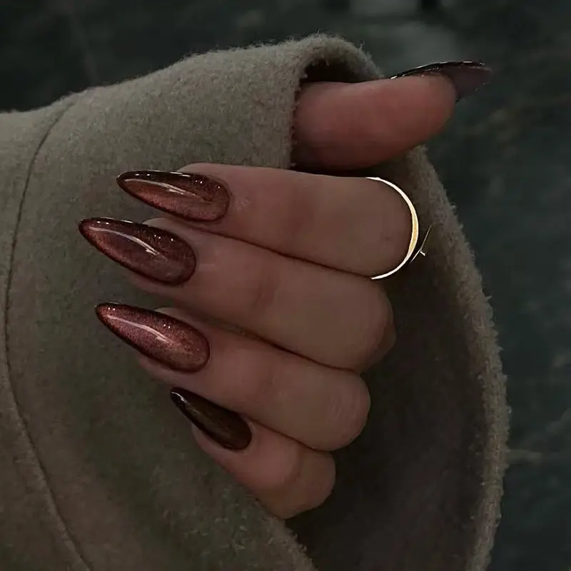 SHEDARES Cocoa Ember Glow – Handmade Almond Press-On Nails with Deep Brown Shimmer Finish | Autumn Luxe, Evening Glam & Old Money Aesthetic Elegant Everyday, Holiday Party & Minimal Chic