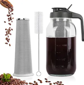 64oz Cold Brew Coffee Maker Mason Jar Pitcher with Stainless Steel Filter, Airtight Pour Spout Handle Lid, Heavy Duty Glass for Iced Coffee Tea Lemonade
