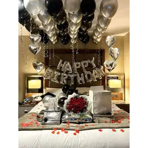 43pcs Silver and Black Decoration Set with 16" Silver Heart Foil Balloons Ideal for Bedroom Decor Romantic Couple Midnight Surprise Party Influencer Photo Backdrop