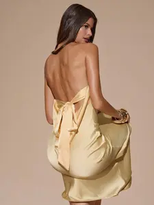 Sexy Minimalist Solid Color Yellow Cream Strapless Backless Tie-Up Dress, Suitable For Party, Cocktail, Formal Occasions, Bridesmaid, Birthday, Yellow Satin Formal Gown, Banquet, Business Casual Backless Dress, Polyester, Formal Wear