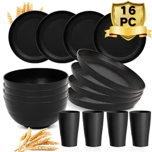 16pcs Unbreakable Dinner Plates, Wheat Straw Dinnerware Set, Microwave Dishwasher Safe, Reusable Dinnerware, Black Set of 8pcs Plates, 4pcs Bowls, 4pcs Cups