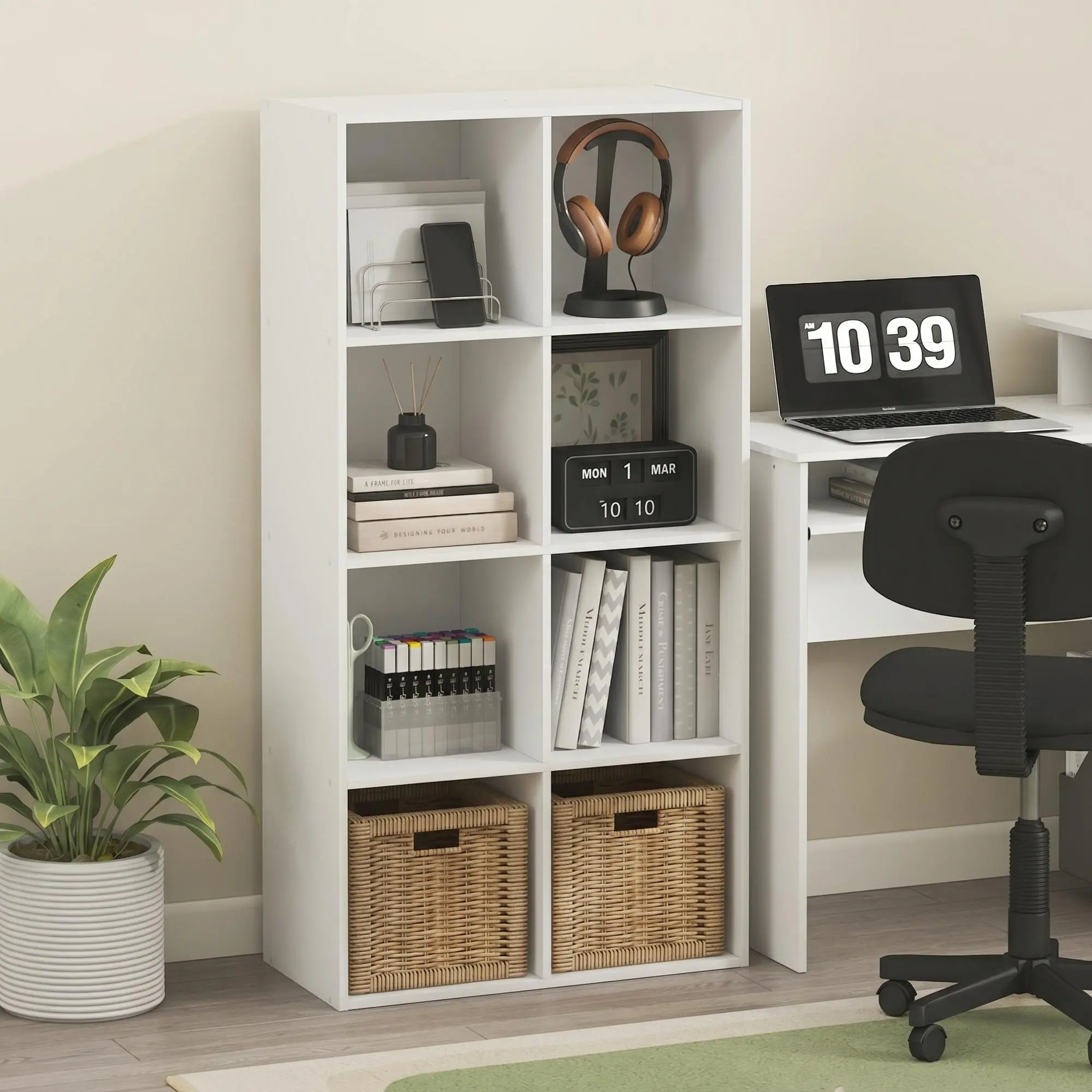 LUDER Bookshelf, 8-Cube Bookshelf, Bookcase with Open Shelves, 11.1 x 23.9 x 47.4, for Living Room, Bedroom, Home Office, White, Space-Saving Small Furniture for Home Organization, Apartment, Dorm and Small Spaces