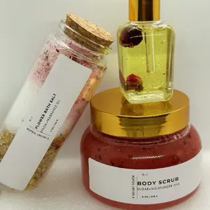 Flower Bath Salt, Sugar Body Scrub + Moisturizing Oils   Scented Body Oil