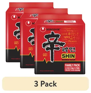 (3 pack) Nongshim Shin Ramyun Spicy Beef Ramen Noodle Soup Pack, 4.2oz X 4 Count