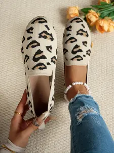 Women's Fashion Knitted Leopard Print Flat Shoes, Slip On Shoes, Casual Shoes, Elegant Versatile Basic Design, Comfortable Large Size, Suitable for Home and Outdoor