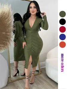 Women's Army Green Plain Deep V Neck Fitted Dress, Elegant Fashion Casual Long Sleeve Vneck Dress for Daily Outdoor Wear, Women Dress for All Seasons