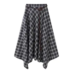 Women's Black and White Plaid Asymmetrical Midi Skirt
