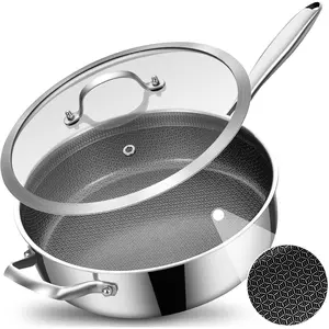 5 QT Hybrid Ceramic Coating Non Stick Tri-Ply Stainless Steel Saute Pan with Lid, 12 Inch Deep Frying Pan PFOA & PFOS Free,Induction Cooking Pan, Dishwasher and Oven Safe