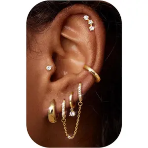 YADOCA 6Pairs Gold/Silver Earrings for Women Hypoallergenic Earrings Surgical Steel Cubic Zirconia Stud Huggie Hoop Cartilage Earring Set Chain Dangle Helix Hoop Earring Stack for Multiple Piercings
