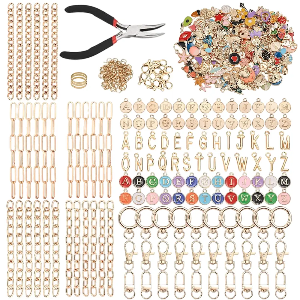 500-Pcs Handicraft Kit Jewelry Making Keychain Bundle Set - Beginner Metal Parts Supplies with Letter Pendant, Chain, Lobster Buckle, Connecting Ring, Tool Pliers for DIY Keychain, Bag Hanger - All Seasons Gift Option