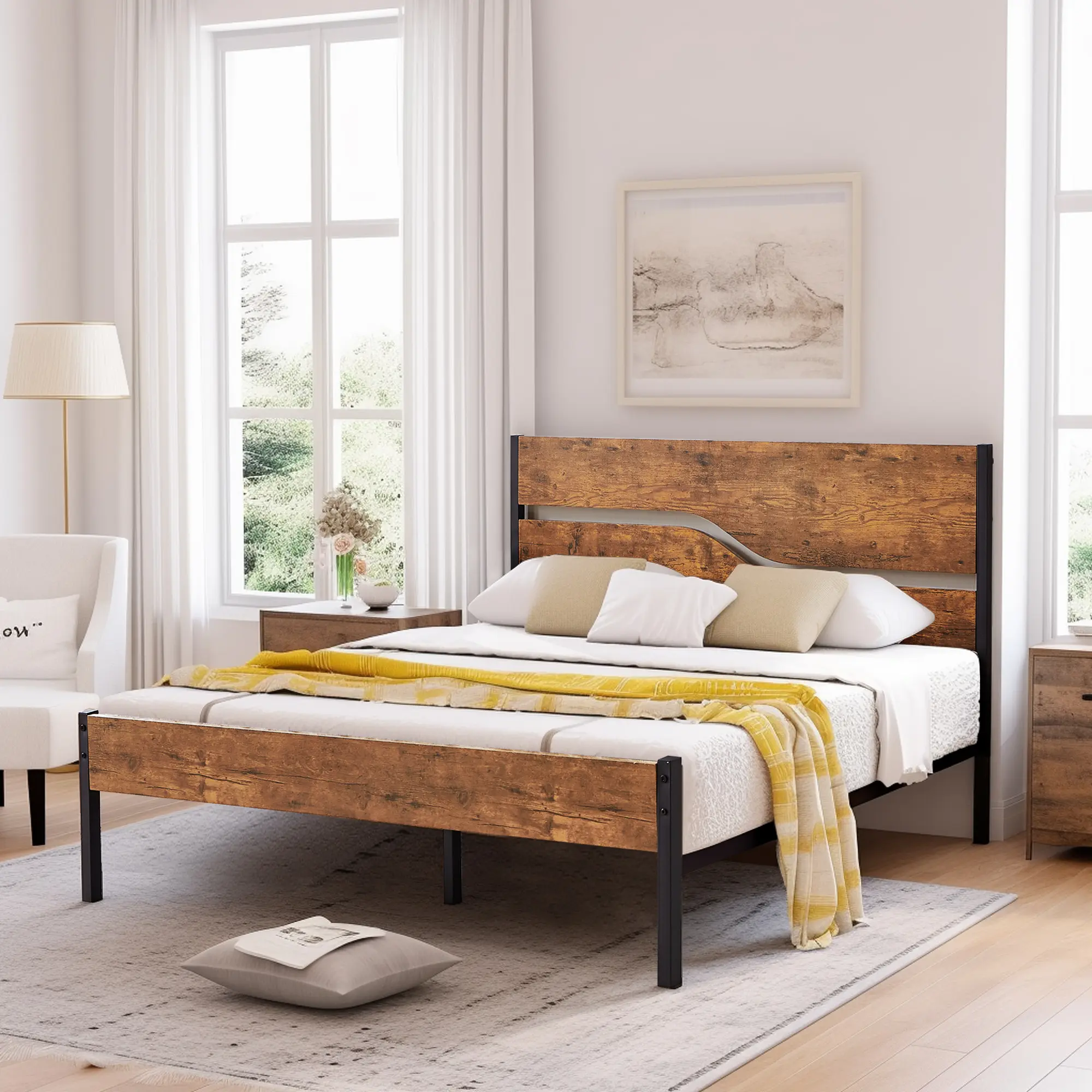 VECELO Wooden Bed Frame Twin Full Queen Size Platform Bed Vintage Wood Headboard with Metal Slat Support,No Box Spring Needed, Easy Assembly,Brown
