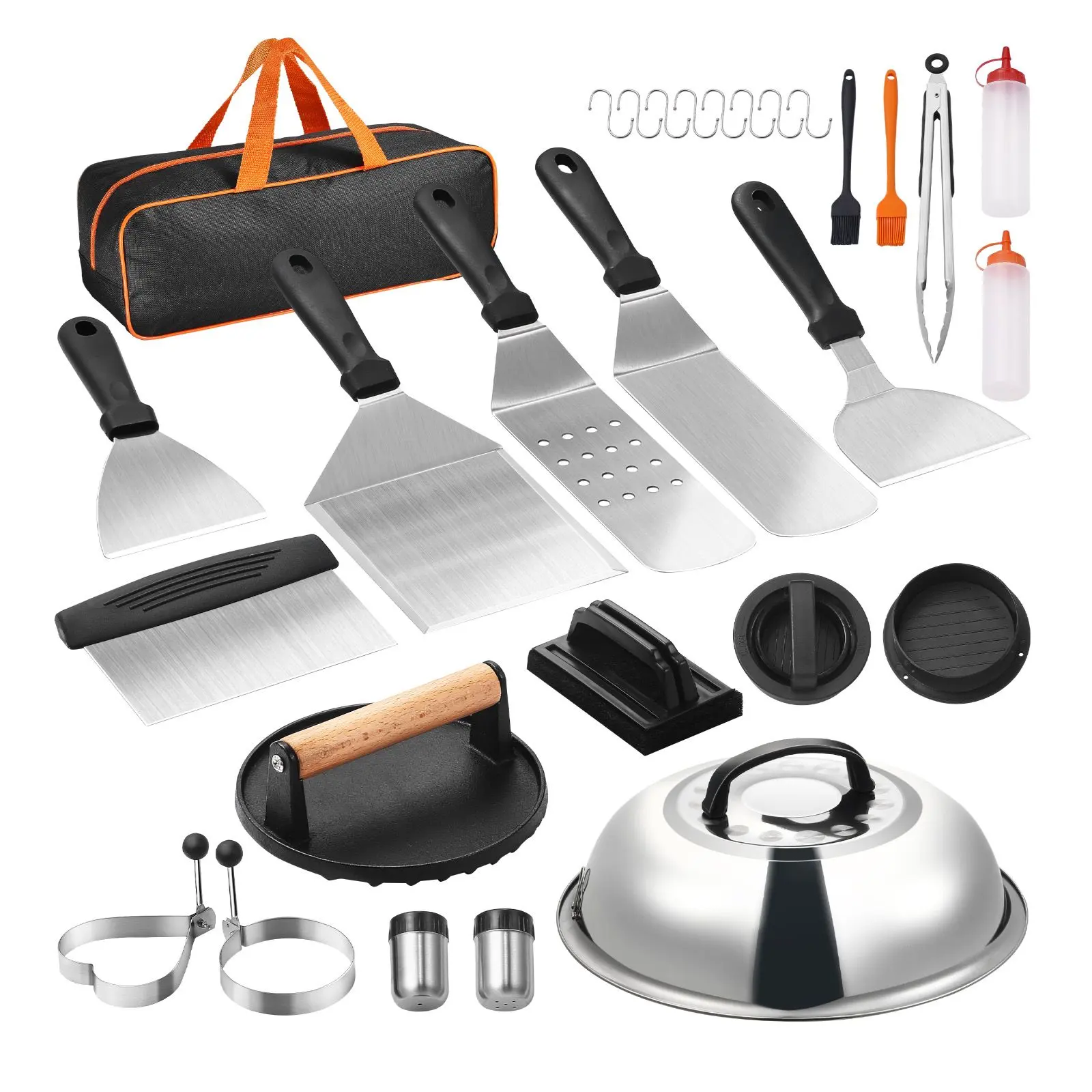 28PCS Stainless Steel Griddle Utensils Kit - Flat Top Tool Set with Enlarged Spatula, Basting Cover, Tong, Burger Press, Carry Bag for Outdoor BBQ, Teppanyaki Grills, Silicone