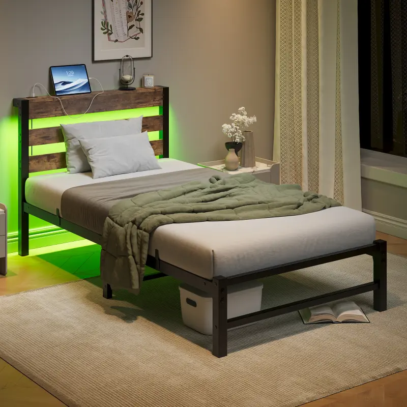 [Bellemave] Twin/Full/QueenSize Bed Frame Heavy Duty Platform Bed Frame with Headboard, USB Charging Station, LED Bed, No Box Spring Needed, Mattress Foundation, Strong Steel Slats, Noise Free, Brown
