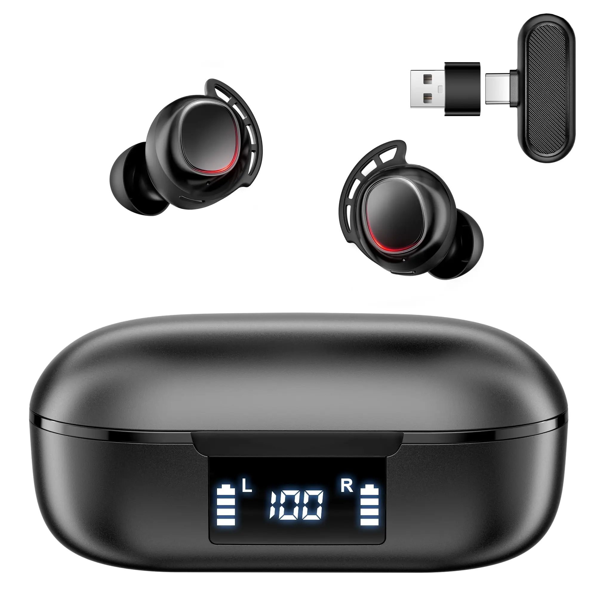 Wireless Gaming Bluetooth Earbuds, 20ms Ultra Low Latency Audio, Dual Phone & VR Connection, 13mm HiFi Drivers, Digital Display Charging Case, Secure Wingtips