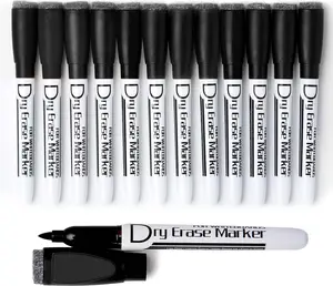 Magnetic Dry Erase Markers With Eraser Low Odor Fine Tip Whiteboard Pens Pack of 12 Black