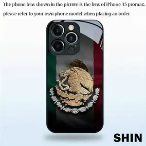 Mexican Golden Eagle Emblem Tempered Glass Smartphone Casing - Hard, Anti-Scratch, Shockproof Protective Cover for iPhone 11-17 Pro Max Series, Stylish Durable Cellphone Accessories