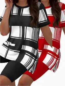 Women's 2-Piece Casual Plaid Print Tunic and Shorts Set, Crew Neck Stretchy Short-Sleeve Top with Split Detail Matching Clothes， Everyday Casual Attire Matching Clothes Fit Chic