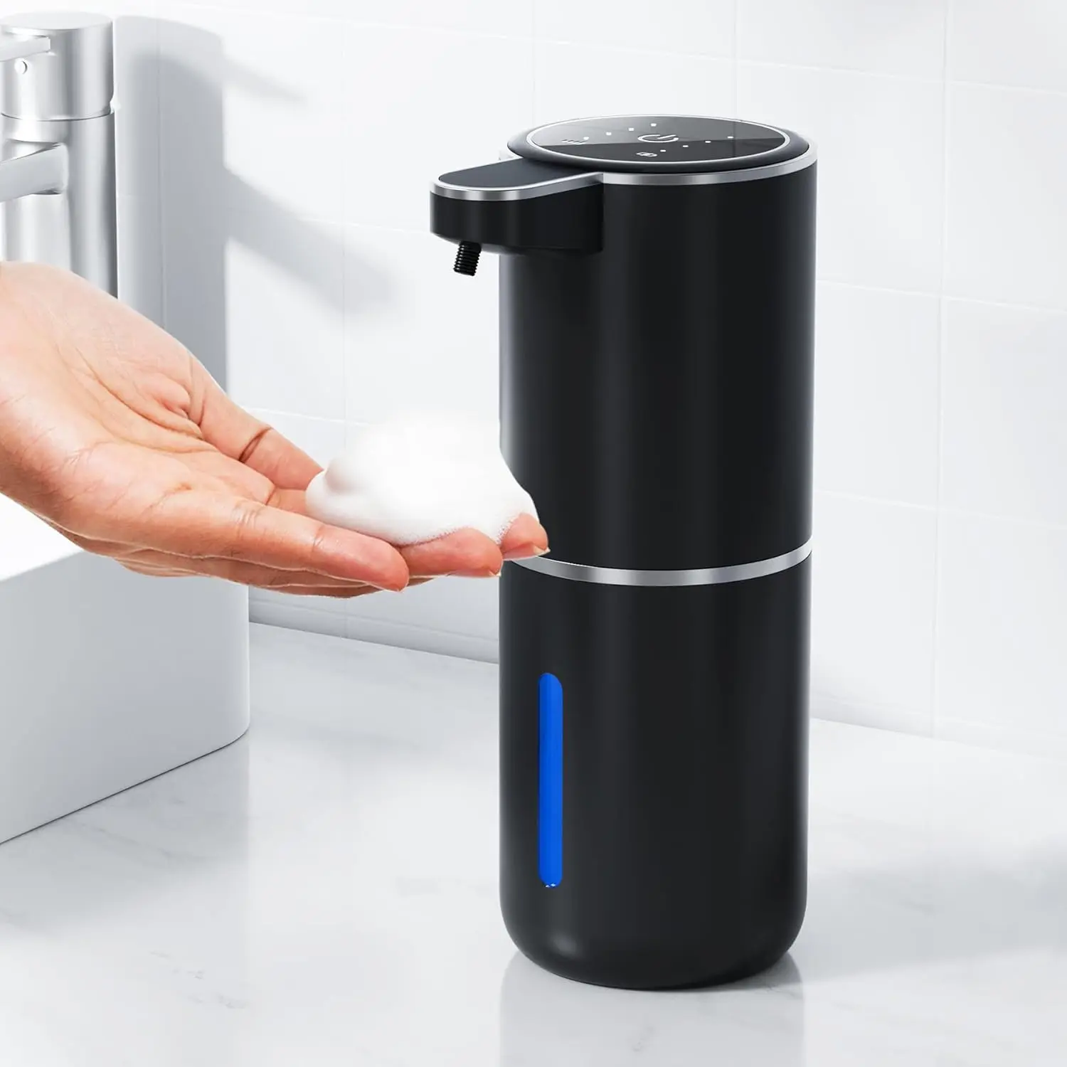 Automatic Induction Waterproof Smart Foam Soap Dispenser - USB-C Rechargeable, 4 Foam Settings, Quick Charge, Bottle Included, Wall-Mounted or Countertop for Kitchen/Bathroom (Black), Water Proof