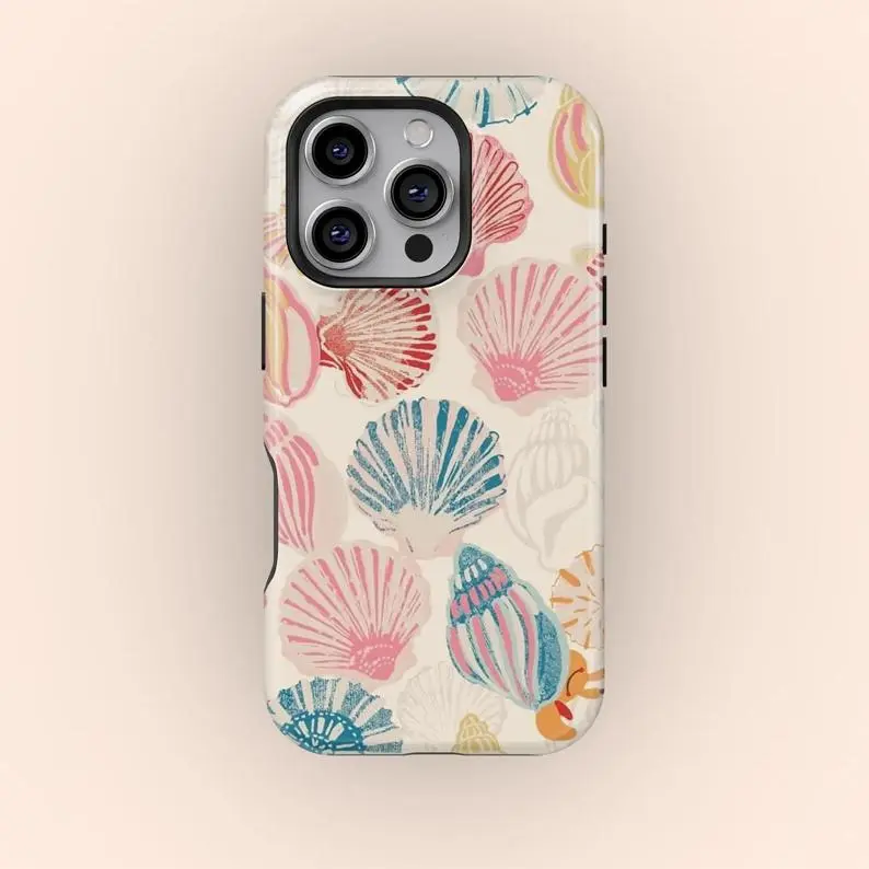 Vintage Seashell Pattern Slim Fit Dual-Layer Shock-Absorbent Polycarbonate Smartphone Case - Multi-Model Accessory with Beachy Tropical Style, Raised Bezels Camera Protection for iPhone 11/12/13/14/15/16/17 Pro, ProMax, Plus, Air