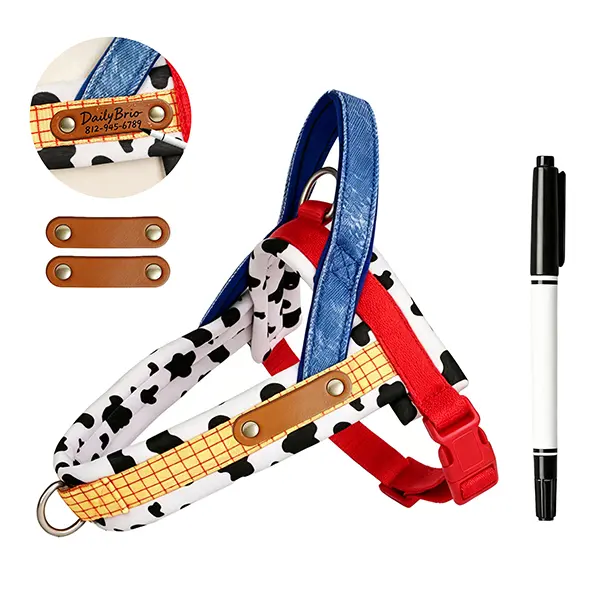 DailyLeap Step-In Dog Harness Vest - Escape-Proof, No-Choke Padded, Detachable, Universal, Tear-Resistant Harnesses, Non-Customized with 3 Writable Leather Patches, Free Marker, Instant Handwriting ID Name Tag, Space Ranger & Cowboy Themes for Walking, Ty