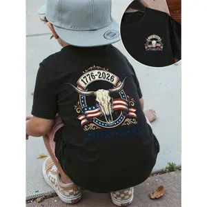Patriotic 1776 2026 Bull Skull American Flag Print Boys Short Sleeve T-Shirt, Casual Western Style Summer Top for Kids Daily Wear Independence Day Themed Outfit