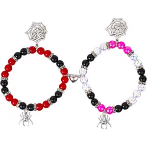 2pcs Spider Friendship Bracelet, Magnetic Matching Bracelets With Energy Stone Beads, Stretch Bracelets With Spider Charm For Couple, Halloween, Valentines, Christmas, Birthday Gifts