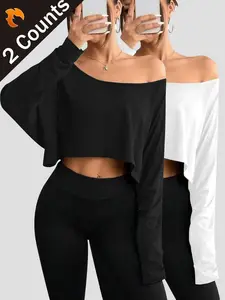 Women's Long Sleeve Street Style Loose Fit Asymmetrical Neckline Solid Cropped T-Shirt, Casual Summer Top, Comfortable & Stylish Design Wb067