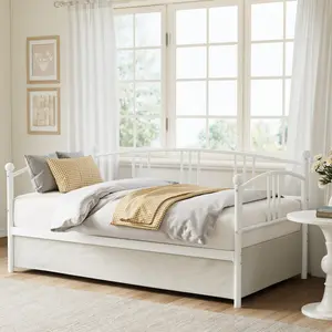 Garvee Twin Daybed without Trundle, Metal Twin Size Daybed, Steel Slat Support Sofa Bed for Living Room, Bedroom, Guest Room (White-without Trundle)