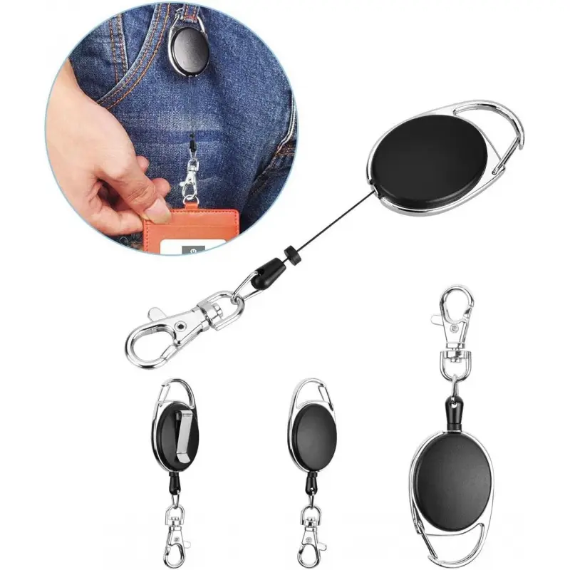 4PCS Retractable Key Chain for Man Woman Key Ring Chain with Belt Clip Keyring Clip Extendable Strong Spring Lanyard Reel Badge Holder for Keys ID Card Black