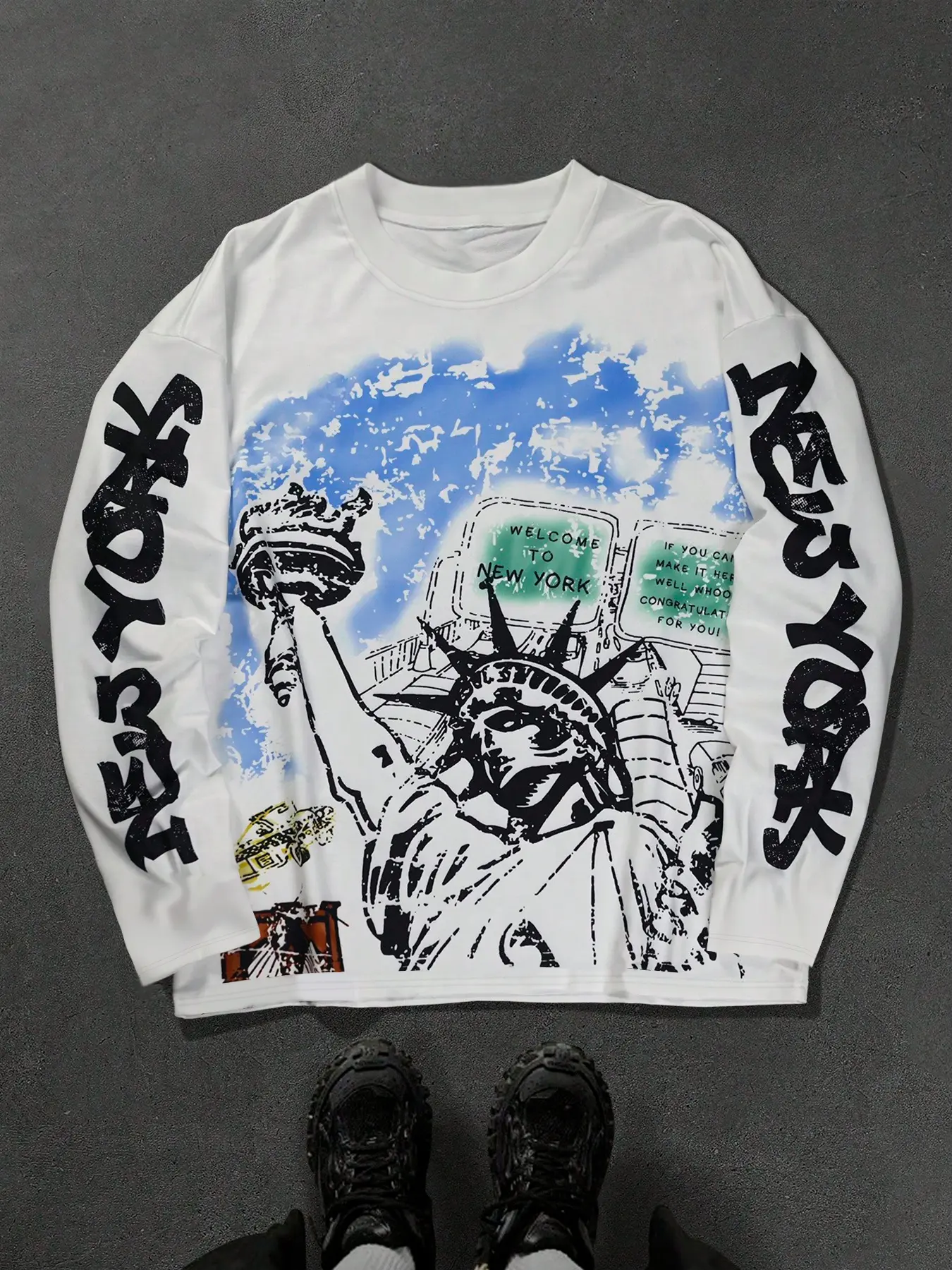 Men's Plus Size Statue of Liberty Graphic Print T-Shirt, Crewneck, Fall Long Sleeve Street Fashion, Streetwear, Trendy College Style, Youth Casual Daily Wear, Knit, Tops