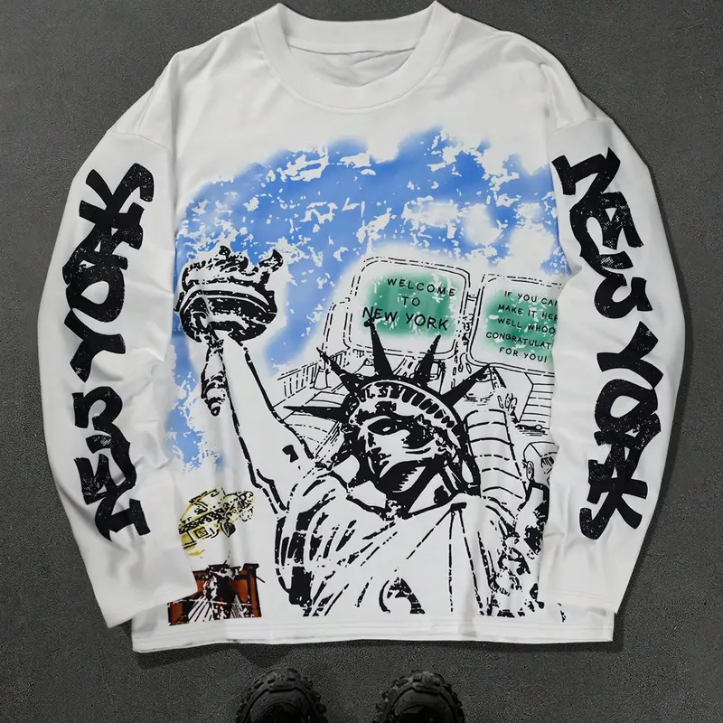 Men's Plus Size Statue of Liberty Print T-Shirt, Fall Long Sleeve Street Fashion, Trendy College Style, Youth Casual Daily Wear, Graphic T Shirts