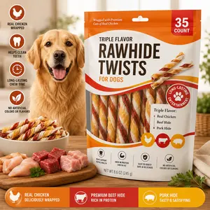 Triple Flavor Rawhide Twist Dog Chews, Long-Lasting Protein Treats for Puppies & Adult Dogs, Chicken Beef & Pork Flavor Variety, Chewing & Dental Support Snack, 35 Count