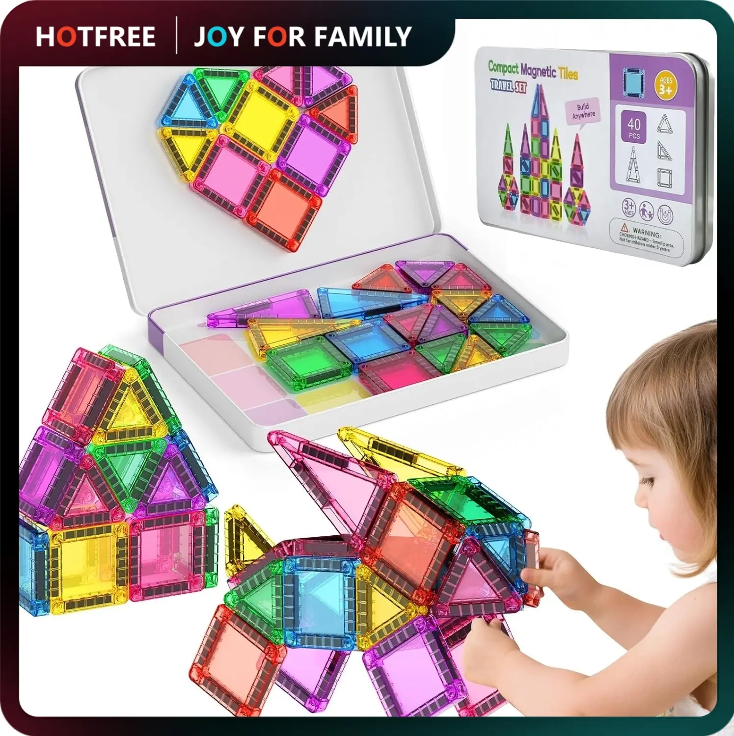 Hotfree Mini Magnetic Tiles Building Blocks 40PCS - Montessori Educational Magnet Travel Construction Set with Iron Storage Box, Airplane Activities Toys, STEM Toddler Birthday Christmas Gift for Boys & Girls Ages 3-8